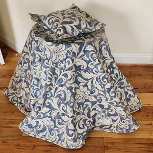 Blue and Cream Floral Table Cover and Pillow